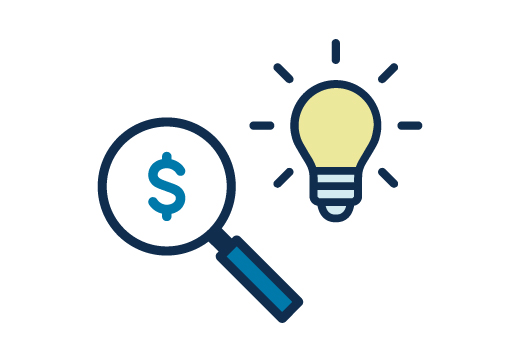 magnifier finding money and lightbulb